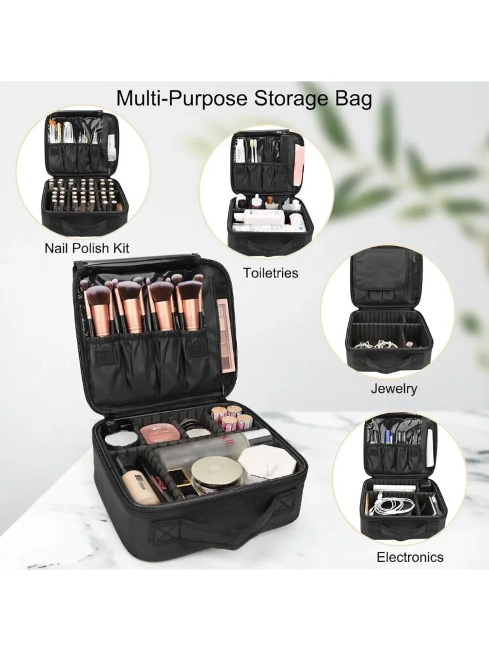 Portable Travel Makeup Organizer Case with Adjustable Dividers for Cosmetics